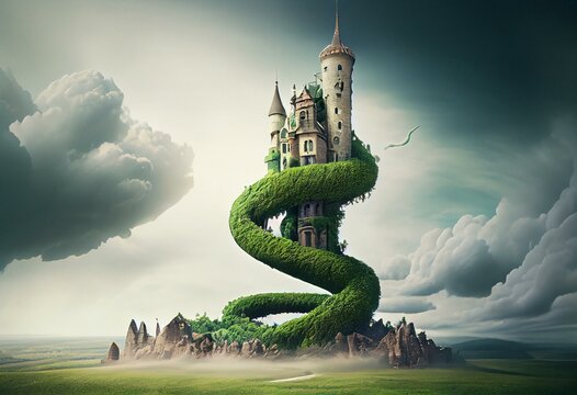 Giant Magic Beanstalk Rising Through Clouds With Castle In Background. Generative AI