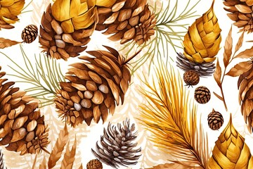 seamless pattern of pine cones and pine needles in a natural setting. Generative AI