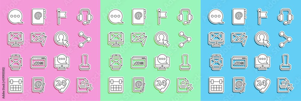 Poster set line document and cursor, stamp, share, location marker, envelope, monitor envelope, speech bubb