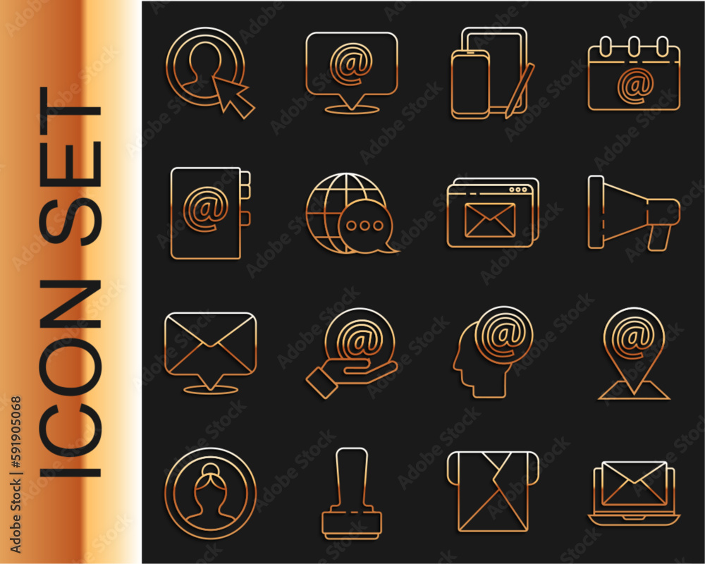 Poster set line laptop with envelope, location and mail and e-mail, megaphone, phone graphic tablet, world 