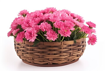 Fototapeta na wymiar Bouquet of pink chrysanthemums in a basket on white background. Generative AI