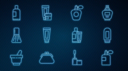 Set line Perfume, Cream or lotion cosmetic tube, Makeup brush, Bottle of shampoo, and icon. Vector