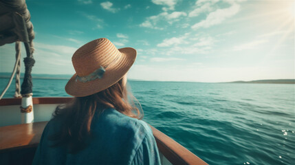 Fototapeta na wymiar Woman travelling photo from behind wearing a beige straw hat, Instagram style, looking at the sea, ocean, holiday, generative AI