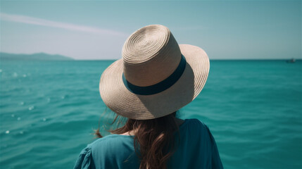 Fototapeta na wymiar Woman travelling photo from behind wearing a beige straw hat, Instagram style, looking at the sea, ocean, holiday, generative AI