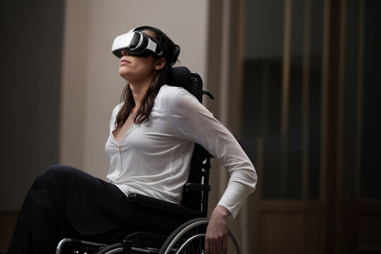Generative AI image of young handicapped female using VR goggles while sitting on wheelchair and moving in blurred room to mitigate solitude problem