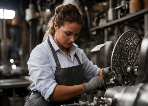 Generative AI image of focused female worker in apron gloves looking down and working on engineering machine in blurred workshop in daytime