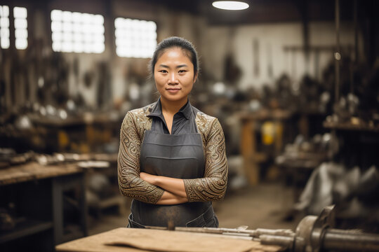 Generative AI image of smiling young Asian female worker in apron standing and looking at camera with arms crossed in blurred engineering workshop