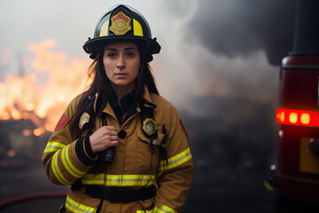 Generative AI image of confident young female firefighter in uniform with protective helmet standing near truck and looking at camera against blurred orange fire and smoky background