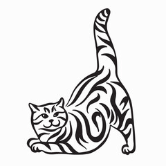 The cat is stretching. illustration of a playing stripes cat. Kitten linear drawing. Cat silhouette drawing by hand. Animal vector image Isolated on white background. Tattoo design.