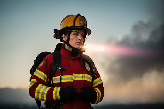 Generative AI image of low angle of female firefighter in uniform and helmet with backpack looking away while standing against blurred smoky sunset background