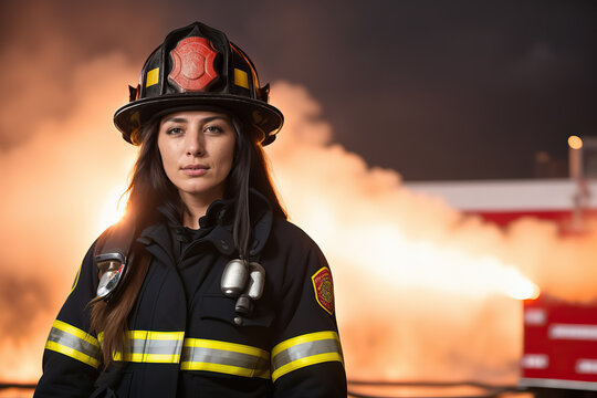 Generative AI image of confident young female firefighter in uniform with protective helmet standing near truck and looking at camera against blurred orange fire and smoky background
