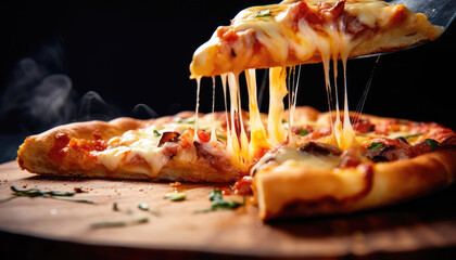 Slice of hot large cheesy pizza crust topping with sausage meat sauce ham bell pepper vegetables and ham on wooden board with smoke melting cheese. Delicious tasty Italian food concept. Generative AI