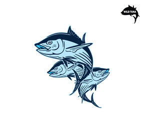 WILD TUNA FISH LOGO, silhoutte of great bigeye swimming vector illustrations
