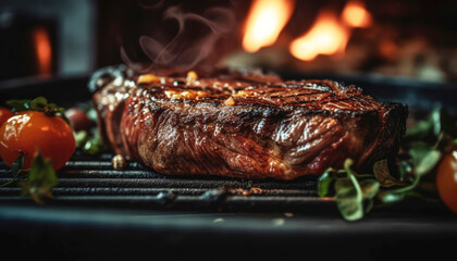 Close up of Grilled steak on the grill with flame in dark black background. Food recipe and ingredient concept. Generative AI