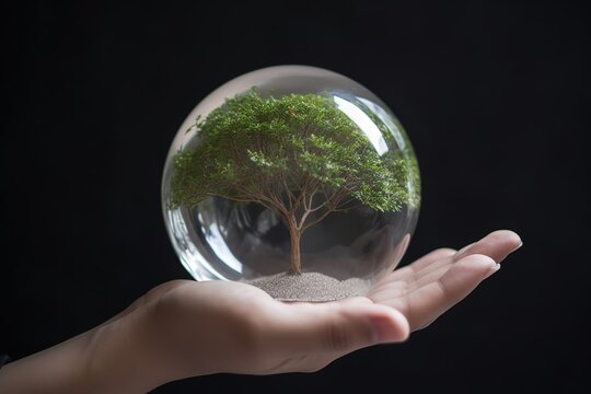 Hand holding glass globe ball with tree growing. Ai. Green nature eco concept