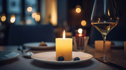 Romantic dinner place setting with plates and cutlery on table. Generative AI