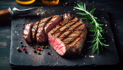 Sliced medium rare grilled steak ribeye with rosemary on wooden board at the kitchen. Food and Gourmet concept. Generative AI