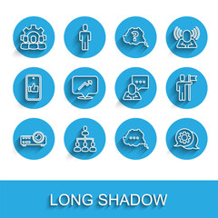 Set line Media projector, Hierarchy organogram chart, Project team base, Speech bubble chat, Graph, schedule,, Team leader and icon. Vector