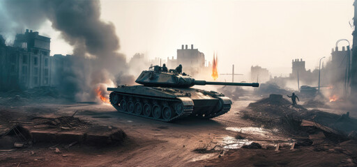 Battlefield with soldiers and tanks among collapsed buildings and fires in the big city. War and battle concept. Generative AI
