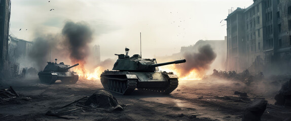 Battlefield with soldiers and tanks among collapsed buildings and fires in the big city. War and battle concept. Generative AI