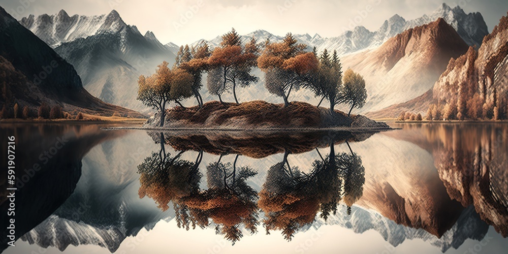 Poster picturesque view of a lake surrounded by mountains and a variety of trees in the reflection. generat