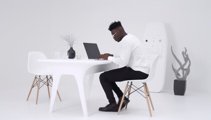 Fototapeta premium Black man sitting back to work with laptop on table in nice room decorated with plants, workplace for freelancers, new working lifestyle, work at home concept