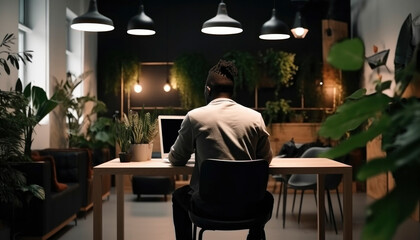 Fototapeta na wymiar Black man sitting back to work with laptop on table in nice room decorated with plants, workplace for freelancers, new working lifestyle, work at home concept