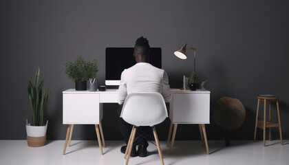 Black man sitting back to work with laptop on table in nice room decorated with plants, workplace for freelancers, new working lifestyle, work at home concept