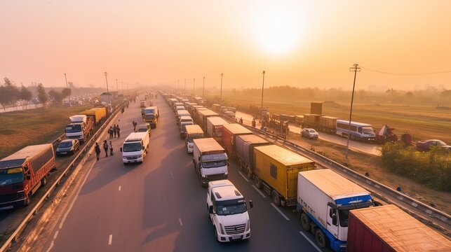 trucks in a traffic jam at the customs of the border zone. AI generated