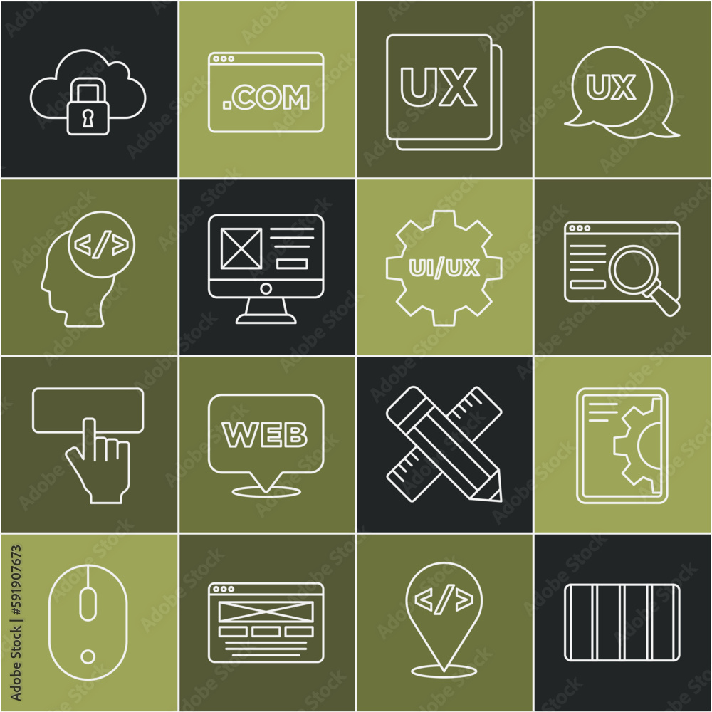 Poster set line color palette guide, web development, ui ux design, front end, cloud computing lock and ico