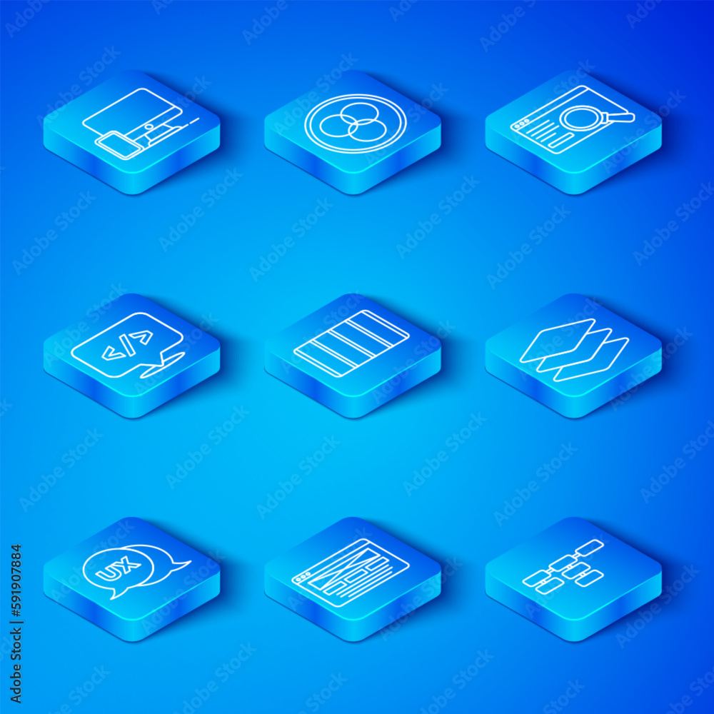 Poster set line ui or ux design, color palette guide, layers, front end development, monitor and mobile and