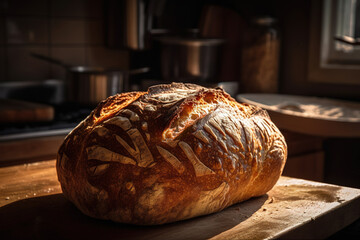 Generative AI illustration of fresh baked bread with seeds in bakery kitchen against blurred background
