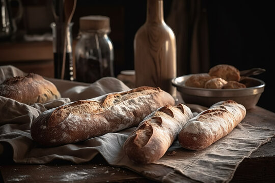 Generative AI image of fresh baked loaves of bread placed on rustic basket in kitchen with various utensils in background