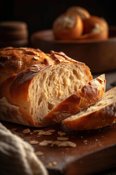 Generative AI image of fresh bread with cut slices placed on table against blurred background