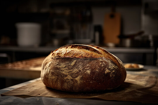 Generative AI illustration of fresh baked bread with seeds on fabric napkin in bakery kitchen against blurred background