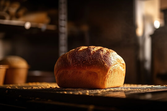 Generative AI illustration of fresh baked bread with seeds in bakery kitchen against blurred background