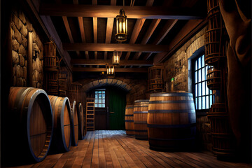 Cellar, wine room. A lot of oak barrels with cognac spirit at the winery. Winery interior. - obrazy, fototapety, plakaty