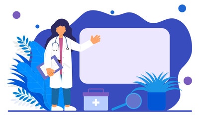 Vector flat illustration of female doctor pointing to whiteboard