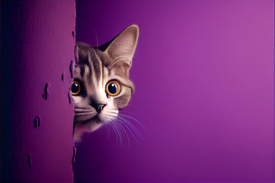 A funny, frightened, curious cat peeks out from around the corner. Purple wall.
