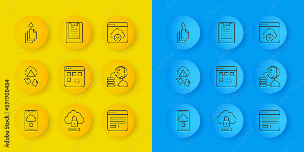 Poster set line cloud technology data transfer, hacking, loading window, browser, network cloud connection,