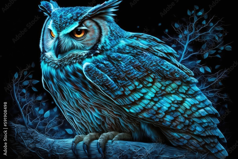 Poster n owl perched on a tree branch in a natural setting. generative ai