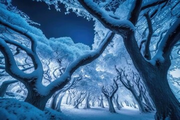 winter wonderland forest with snow covered trees. Generative AI