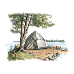 Camping tent in the forest watercolor Generative AI