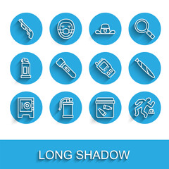 Set line Safe, Hand smoke grenade, Police shotgun, Evidence bag with bullet, Crime scene, Flashlight, Marijuana joint and Walkie talkie icon. Vector