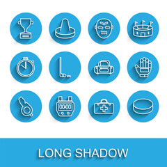 Set line Whistle, Stopwatch, Award cup, First aid kit, Hockey puck, Ice hockey stick and, glove and Sport bag icon. Vector
