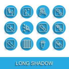 Set line Human footprints shoes, Tire track, Bear paw, Bird, and icon. Vector