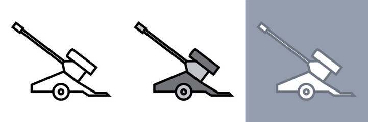 Military Artillery Icon, his icon represents military artillery, a category of heavy weapons designed to launch munitions over long distances