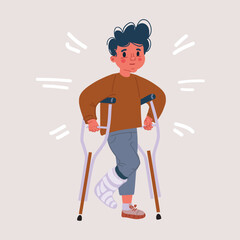 Vector illustration of Young little boy with plaster leg cast walking with crutches