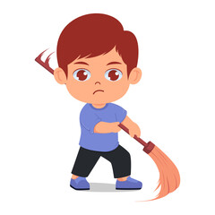 Cute stylish boy using a broom