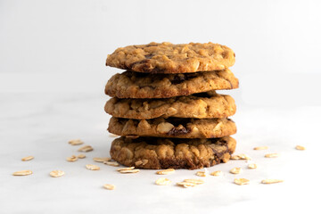 Oatmeal Chocolate chip Cookies on white marble background